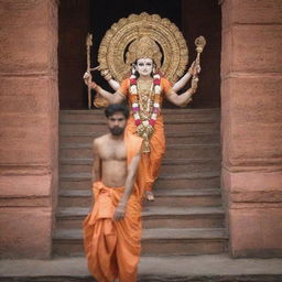 Ram deity walking up the stairs of a grand and richly adorned Ram Mandir.