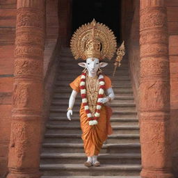 Ram deity walking up the stairs of a grand and richly adorned Ram Mandir.