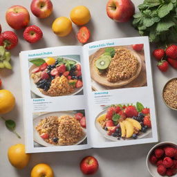 A collection of colorful, diabetic-friendly recipes, including fresh fruits, lean proteins, and whole grains, displayed on an open cookbook.