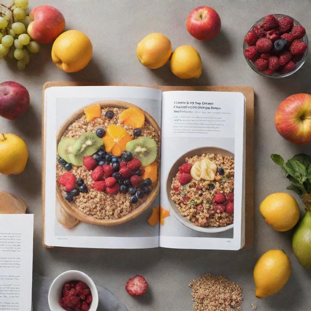 A collection of colorful, diabetic-friendly recipes, including fresh fruits, lean proteins, and whole grains, displayed on an open cookbook.