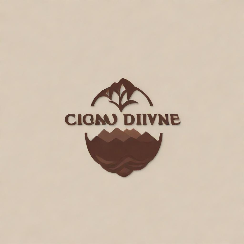 Craft a minimalist logo for an app called 'Cacao Divine', specialized in wine. Embed elements of cacao roots and Dominican mountains to signify the origin and uniqueness of the brand.