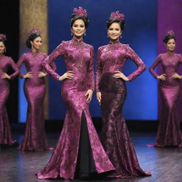 Realistic Indonesian women with sleek black updos, wearing distinct black fuschia Swarovski long sleeve batik evening gowns and high heels, standing on a pageant stage.