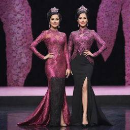 Realistic Indonesian women with sleek black updos, wearing distinct black fuschia Swarovski long sleeve batik evening gowns and high heels, standing on a pageant stage.