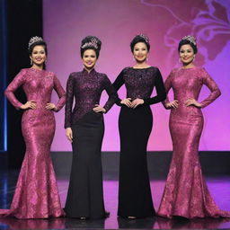 Realistic Indonesian women with sleek black updos, wearing distinct black fuschia Swarovski long sleeve batik evening gowns and high heels, standing on a pageant stage.