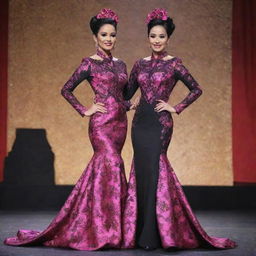 Realistic Indonesian women with sleek black updos, wearing distinct black fuschia Swarovski long sleeve batik evening gowns and high heels, standing on a pageant stage.