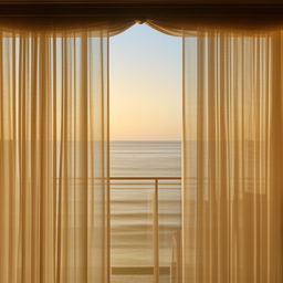 A serene architectural scene looking past soft, flowing curtains to a traditional balcony offering a breathtaking ocean view.