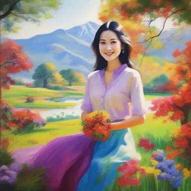 The artist portrayed the beautiful scenery cheerfully, using vibrant colors and joyful brush strokes.
