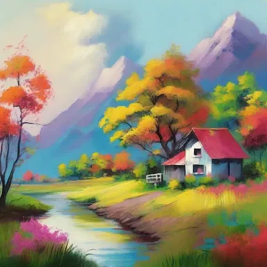 The artist portrayed the beautiful scenery cheerfully, using vibrant colors and joyful brush strokes.