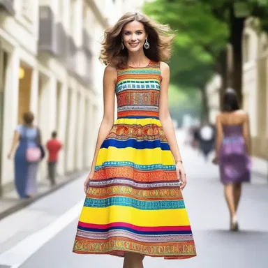 The fashion designer created a cheerfully designed dress, with bright and bold patterns that exude happiness.