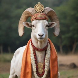 A proud and majestic ram adorned in traditional Indian garb, standing tall as a symbol of warm welcome to people of India.