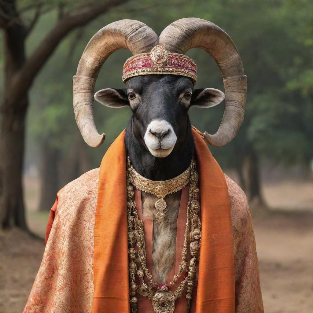 A proud and majestic ram adorned in traditional Indian garb, standing tall as a symbol of warm welcome to people of India.