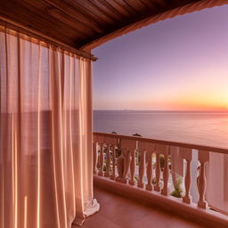 A serene architectural scene looking past soft, flowing curtains to a traditional balcony offering a breathtaking ocean view.