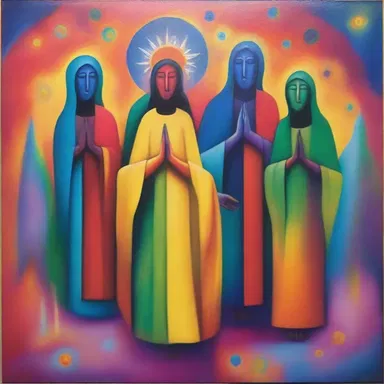 The artist's painting reflects a sense of spiritualism, with vibrant colors and ethereal figures symbolizing a connection to the divine.