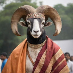 A proud and majestic ram adorned in traditional Indian garb, standing tall as a symbol of warm welcome to people of India.