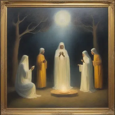 The painting captures the ethereal essence of spiritualism, depicting the communication between the living and the spirits of the deceased.