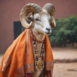 A proud and majestic ram adorned in traditional Indian garb, standing tall as a symbol of warm welcome to people of India.