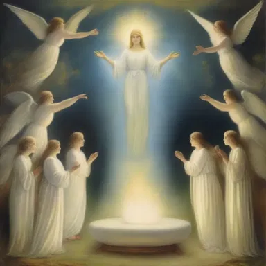 The painting depicts a beautiful scene of spiritualism, with angels and ethereal beings existing separately from God.