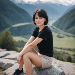 Portrait of a girl with brown eyes and short black hair, sitting on a stone with a majestic mountain landscape in the background.