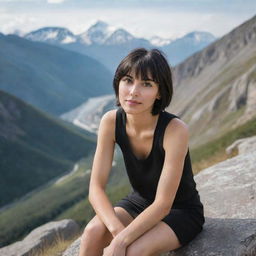 Portrait of a girl with brown eyes and short black hair, sitting on a stone with a majestic mountain landscape in the background.