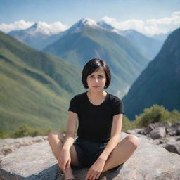 Portrait of a girl with brown eyes and short black hair, sitting on a stone with a majestic mountain landscape in the background.