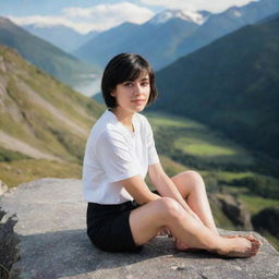 Portrait of a girl with brown eyes and short black hair, sitting on a stone with a majestic mountain landscape in the background.