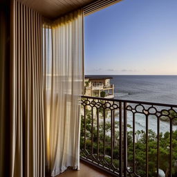 A serene architectural scene looking past soft, flowing curtains to a traditional balcony offering a breathtaking ocean view.