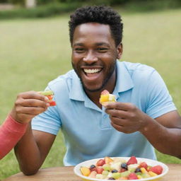 A man cheerfully sharing his tantalizing fruit salad with two of his friends on a bright sunny day.