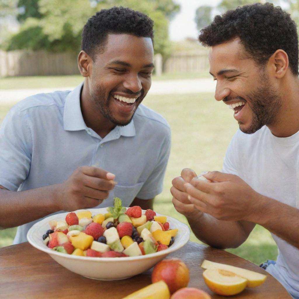 A man cheerfully sharing his tantalizing fruit salad with two of his friends on a bright sunny day.