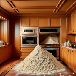 Illustrate the interior of a lavish 1980s mansion with a pile of cooking flour prominently displayed on a kitchen table.