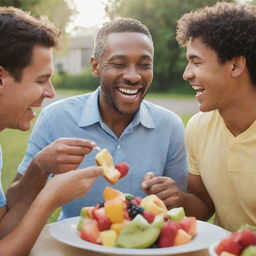 A man cheerfully sharing his tantalizing fruit salad with two of his friends on a bright sunny day.