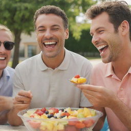 A man cheerfully sharing his tantalizing fruit salad with two of his friends on a bright sunny day.