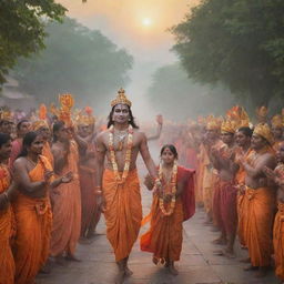 An inspiring image portraying Lord Rama, a major deity of Hinduism, extending a warm welcome to the people of India in a serene setting.