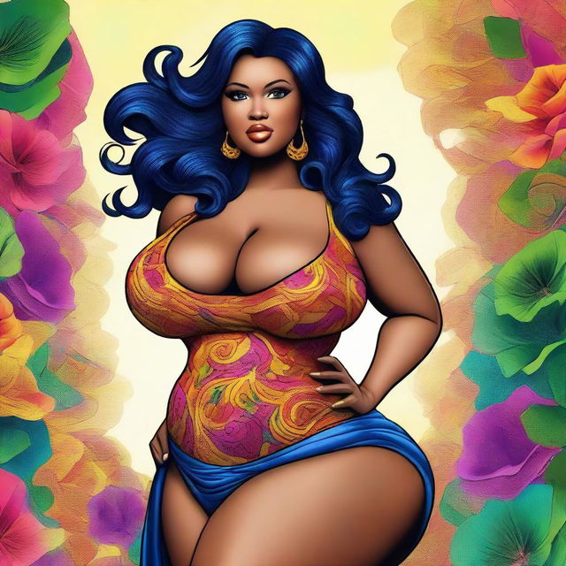 A digital art piece portraying a voluptuous woman