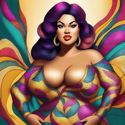 A digital art piece portraying a voluptuous woman