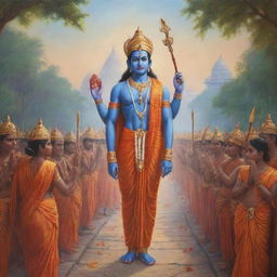 An inspiring image portraying Lord Rama, a major deity of Hinduism, extending a warm welcome to the people of India in a serene setting.