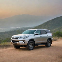 A sleek and powerful Toyota Fortuner SUV, its metallic paint gleaming under the soft light, parked against a scenic backdrop.