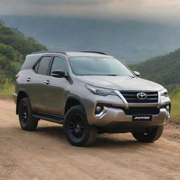 A sleek and powerful Toyota Fortuner SUV, its metallic paint gleaming under the soft light, parked against a scenic backdrop.