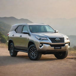 A sleek and powerful Toyota Fortuner SUV, its metallic paint gleaming under the soft light, parked against a scenic backdrop.