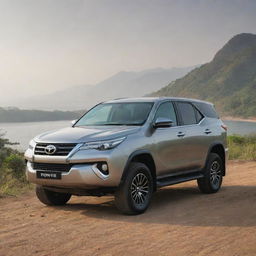 A sleek and powerful Toyota Fortuner SUV, its metallic paint gleaming under the soft light, parked against a scenic backdrop.