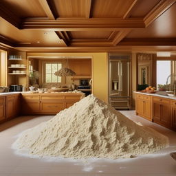 Illustrate the interior of a lavish 1980s mansion with a pile of cooking flour prominently displayed on a kitchen table.