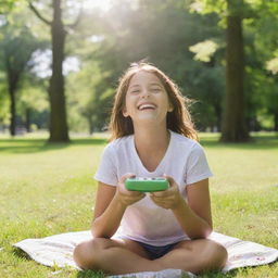 A happy girl immersed in her favorite game in a sunny park, surrounded by lush green trees.