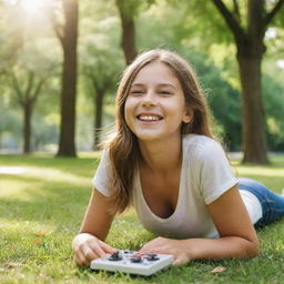 A happy girl immersed in her favorite game in a sunny park, surrounded by lush green trees.