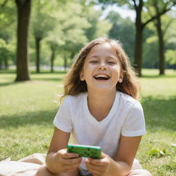 A happy girl immersed in her favorite game in a sunny park, surrounded by lush green trees.