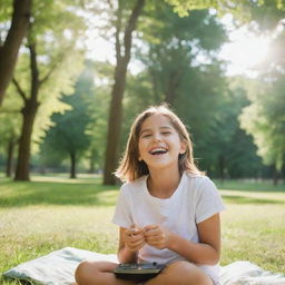 A happy girl immersed in her favorite game in a sunny park, surrounded by lush green trees.