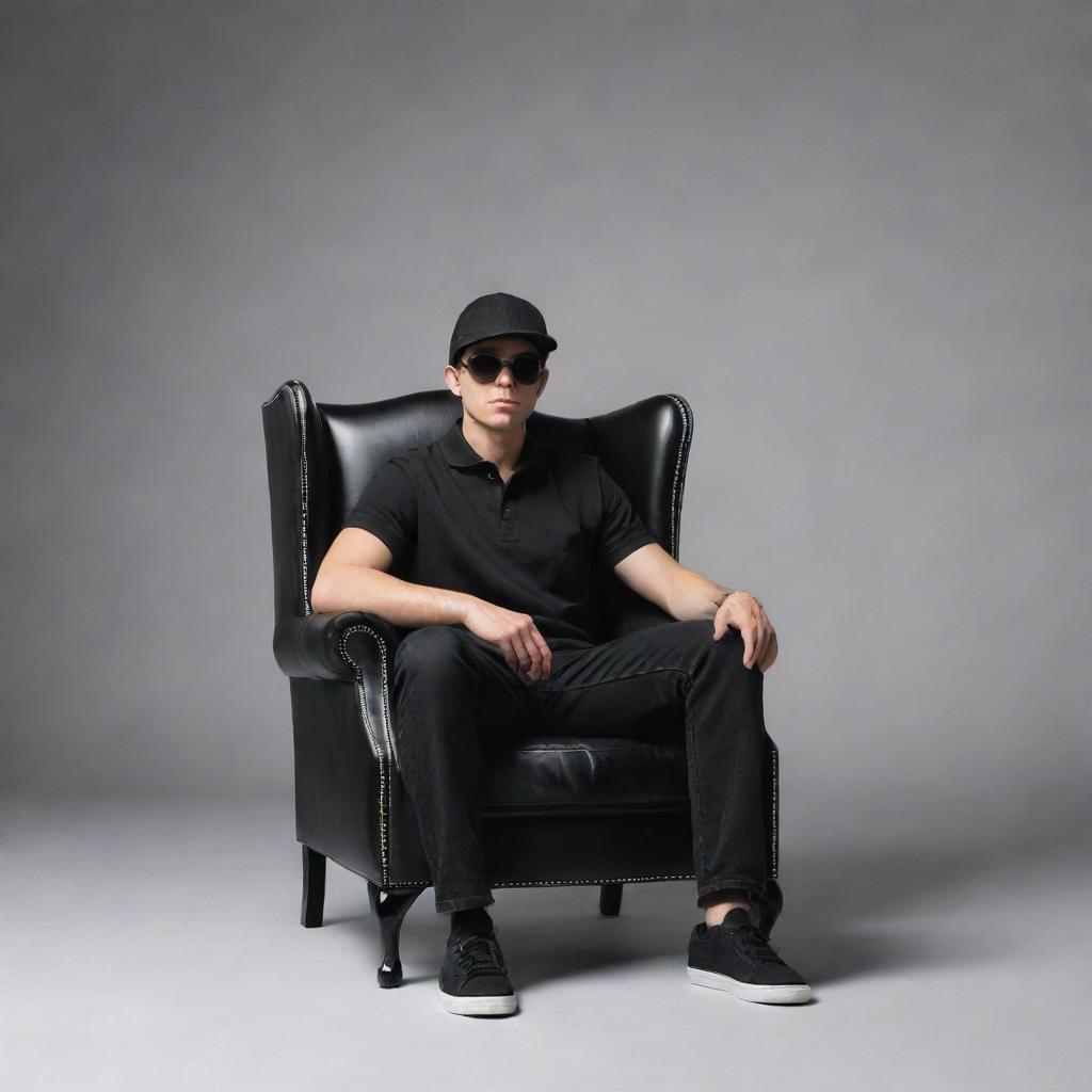 3D illusion of a casual boy in a black shirt sitting on a Wingback Chair. He is wearing sneakers, a black cricket cap, and sunglasses, looking forward confidently.