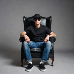 3D illusion of a casual boy in a black shirt sitting on a Wingback Chair. He is wearing sneakers, a black cricket cap, and sunglasses, looking forward confidently.