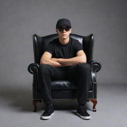 3D illusion of a casual boy in a black shirt sitting on a Wingback Chair. He is wearing sneakers, a black cricket cap, and sunglasses, looking forward confidently.