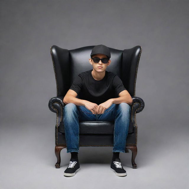 3D illusion of a casual boy in a black shirt sitting on a Wingback Chair. He is wearing sneakers, a black cricket cap, and sunglasses, looking forward confidently.