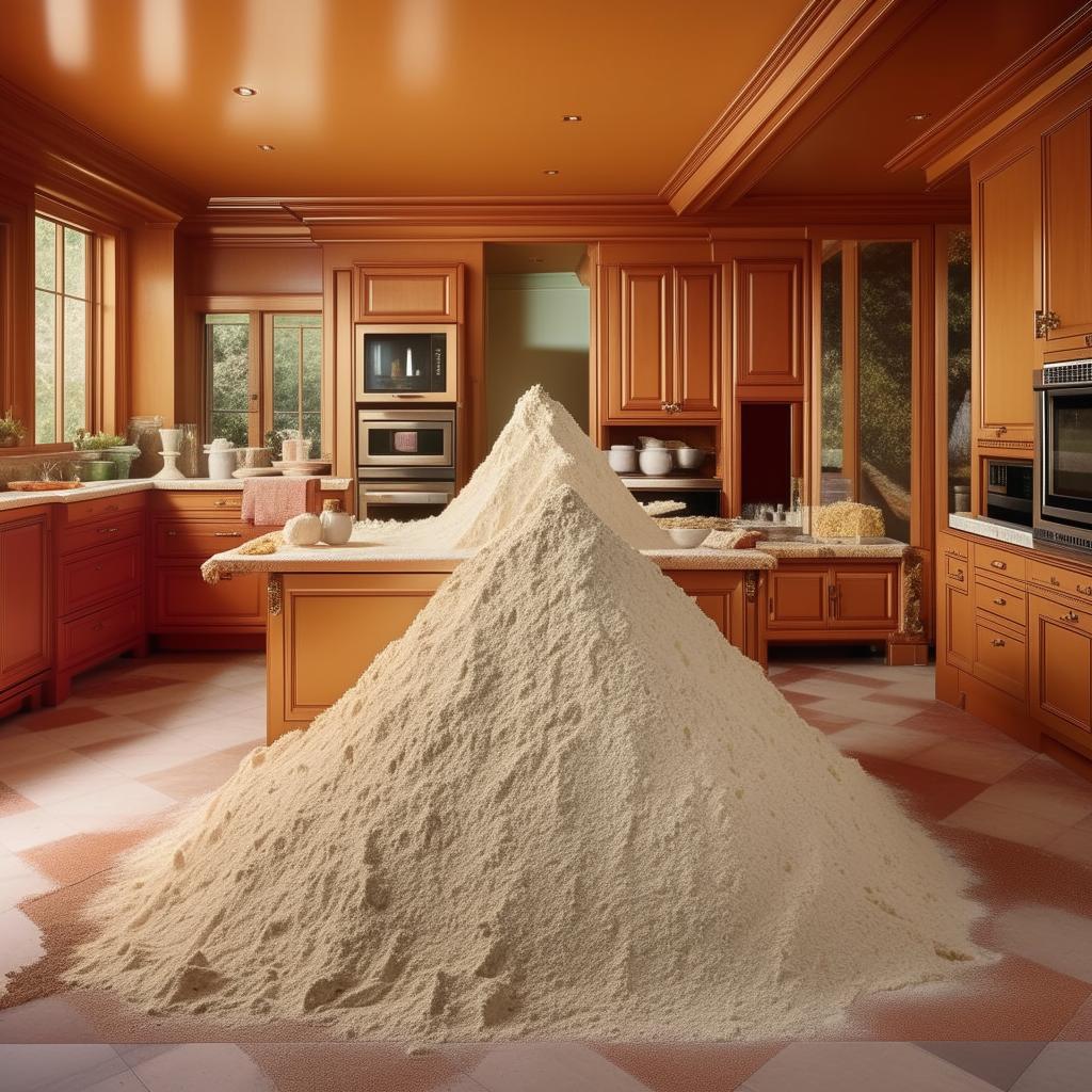 Illustrate the interior of a lavish 1980s mansion with a pile of cooking flour prominently displayed on a kitchen table.