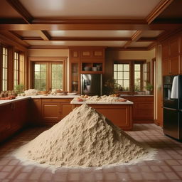 Illustrate the interior of a lavish 1980s mansion with a pile of cooking flour prominently displayed on a kitchen table.